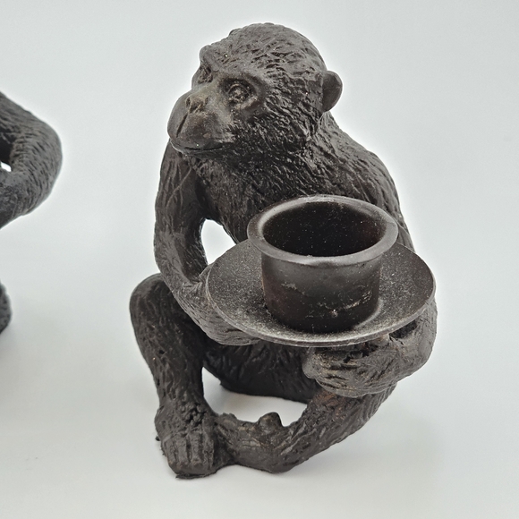 Bronze Cast Monkey Candlestick Holder Sitting Palm Tree Lot Of 3 Decorative Art - Picture 3 of 5
